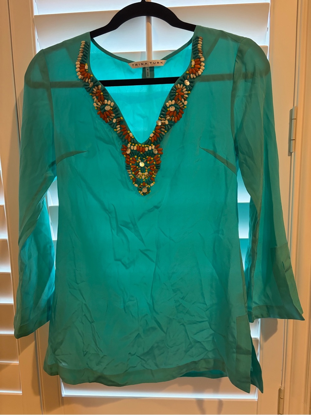 Trina Turk Teal Beaded V-Neck Tunic